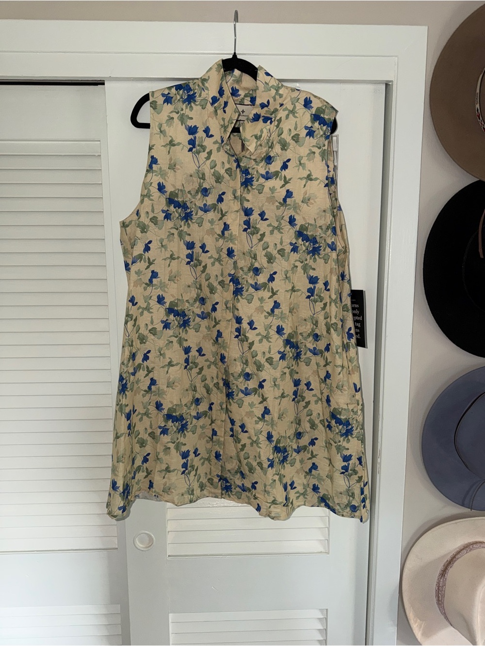 Tuckernuck Cream Mini Dress with Blue Floral Print and Green Leaves